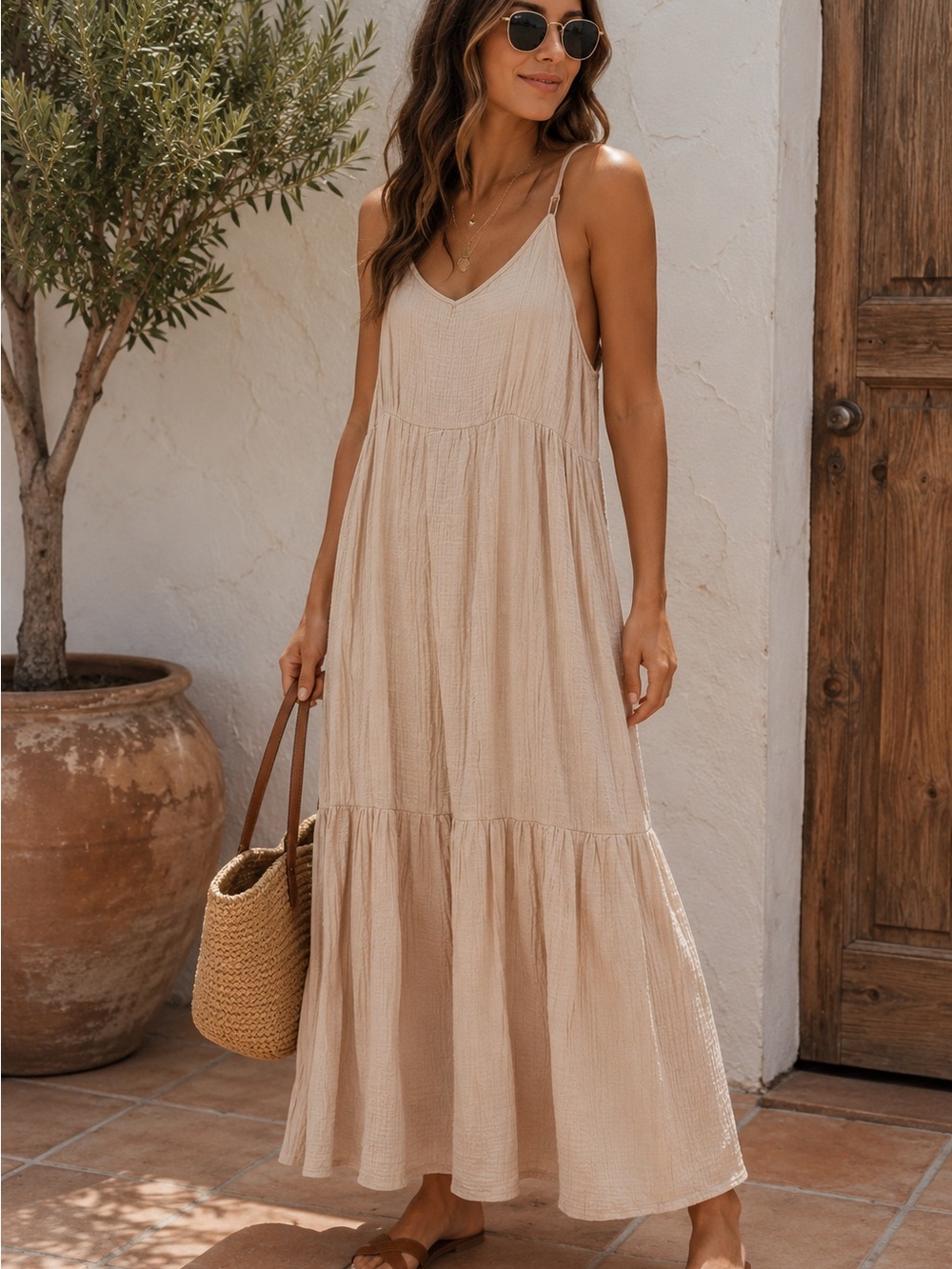 SHEIN Cream Tiered Spaghetti Strap Maxi Dress
